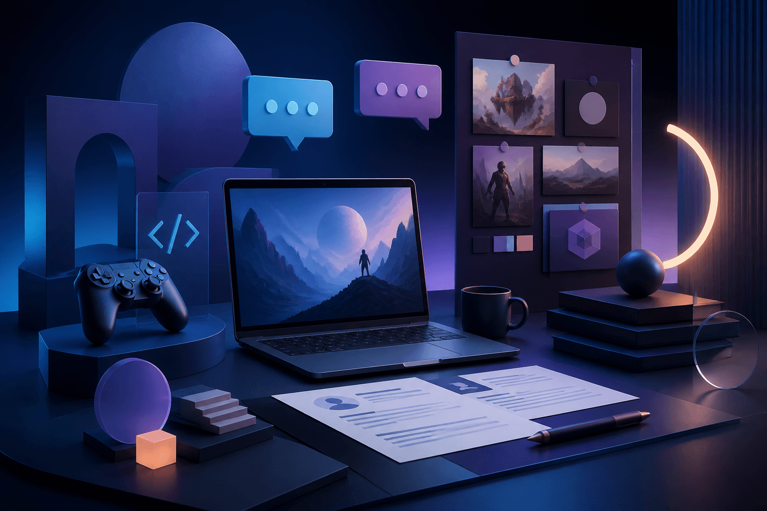 Editorial illustration for a job-seeker guide about Sony Interactive Entertainment hiring, with abstract office and tech shapes in dark blue, violet, and cyan.
