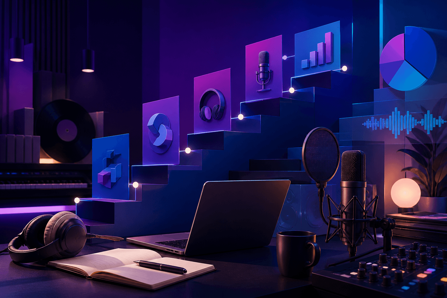 Editorial illustration for a guide on getting hired at Sony Music Entertainment, showing a modern music-industry workplace with abstract devices, charts, and studio-inspired objects.