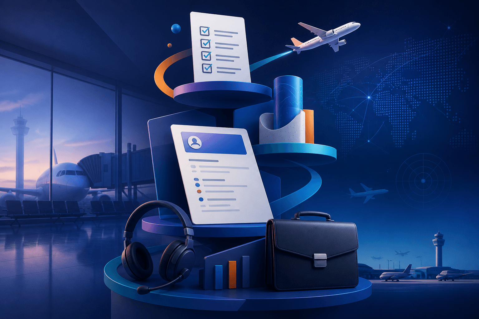 Editorial illustration for a guide on how to get a job at Southwest Airlines, showing airline operations, customer service, and hiring preparation in a modern abstract style.