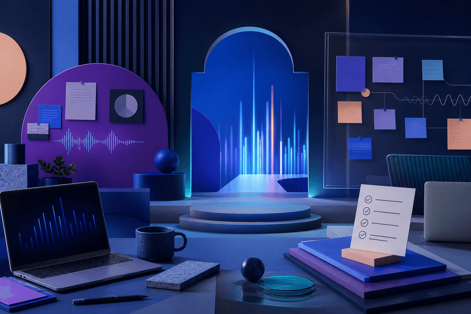 Editorial illustration for a Spotify hiring guide showing a modern workspace with abstract audio waves, hiring checklist elements, and collaborative screens in a dark blue and violet color palette.