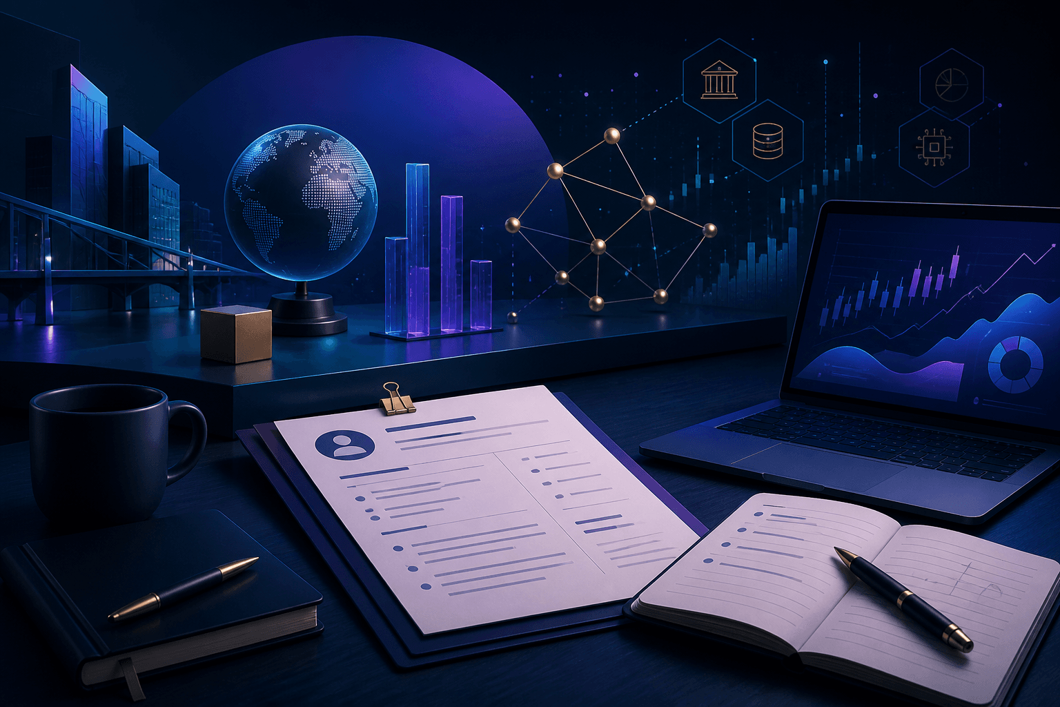 Editorial illustration for a guide on how to get a job at State Street, showing finance and technology hiring themes with a resume, interview notes, charts, and abstract office elements.