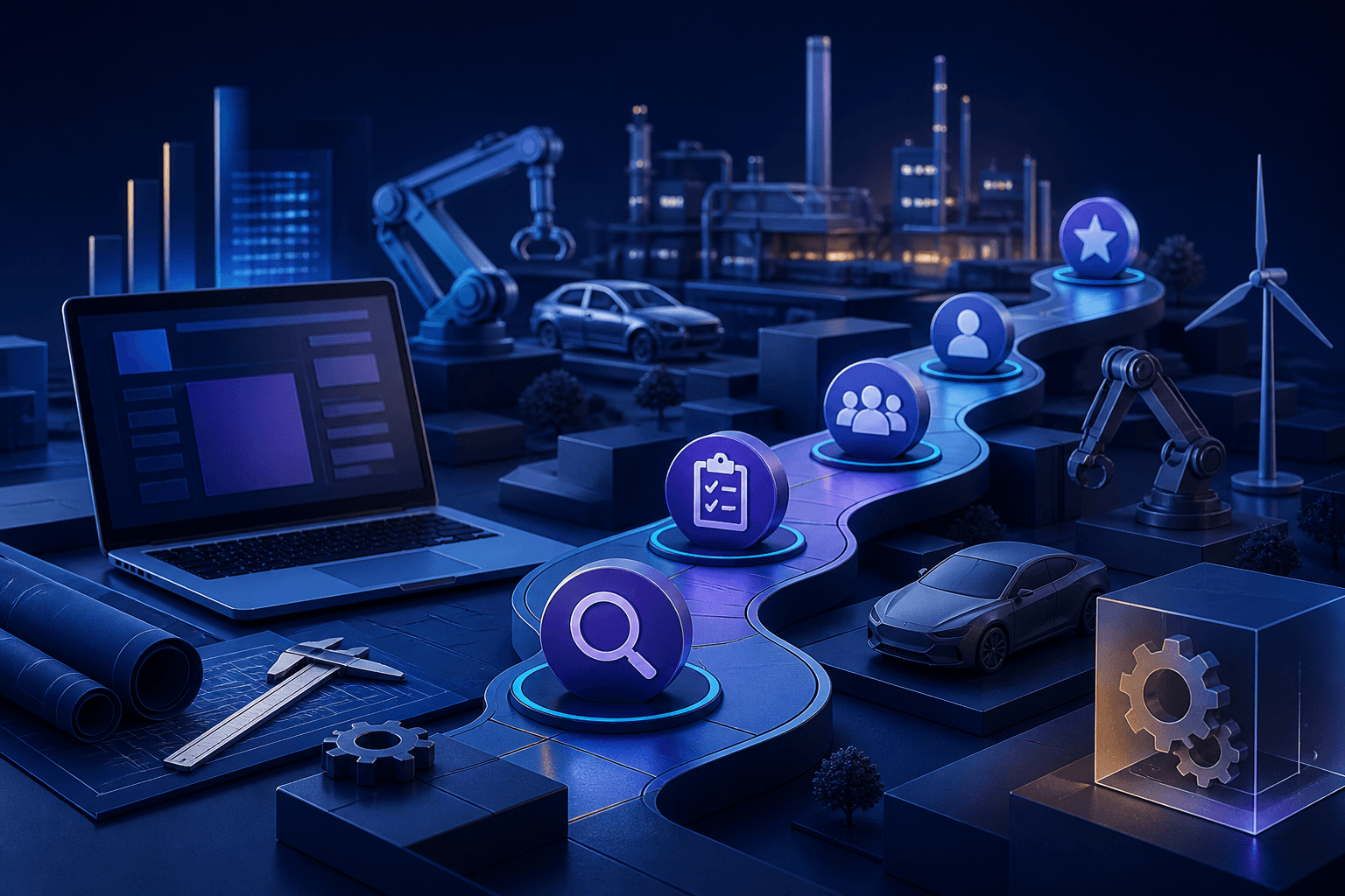 Editorial illustration of a modern automotive and manufacturing career search with factory, laptop, tools, and abstract hiring workflow elements in a dark blue and violet palette.