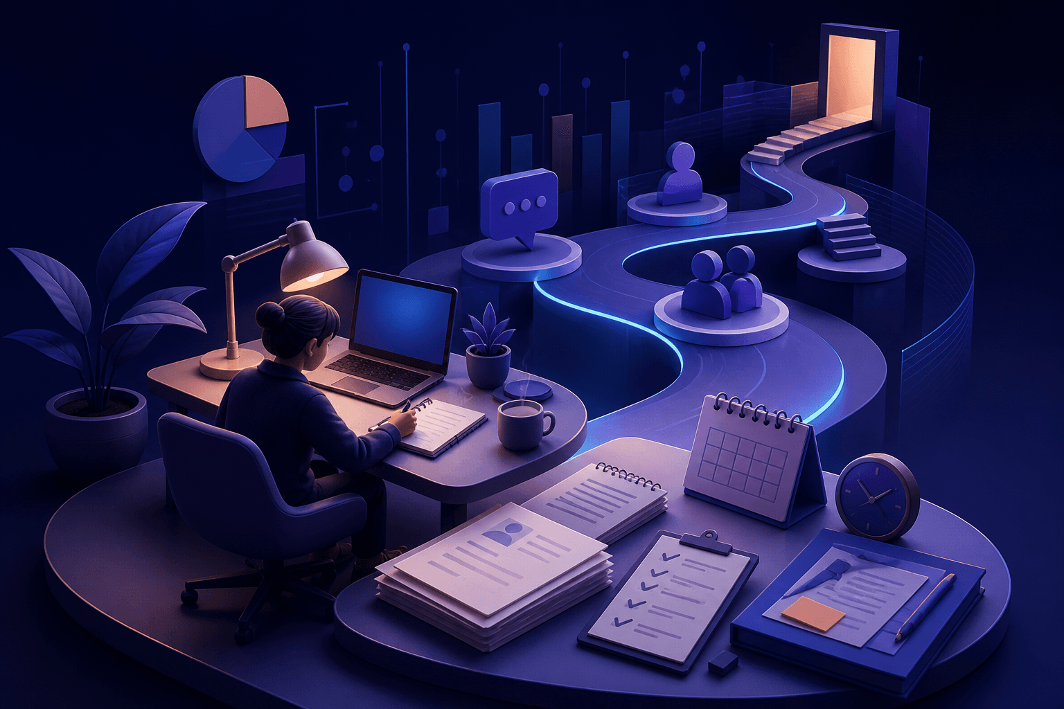 Editorial illustration for a guide on how to get a job at Stripe, showing a job seeker reviewing a laptop, resume documents, and interview prep materials in a modern abstract workspace.