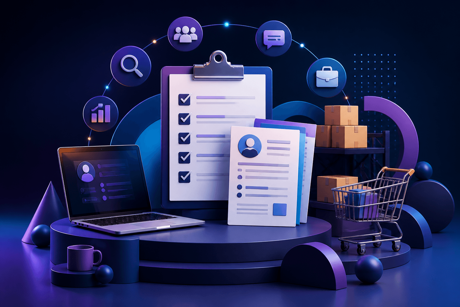 Editorial illustration for a guide on how to get a job at Target, showing a job application checklist, resume pages, interview notes, and retail and office workplace icons in a dark blue and violet theme.