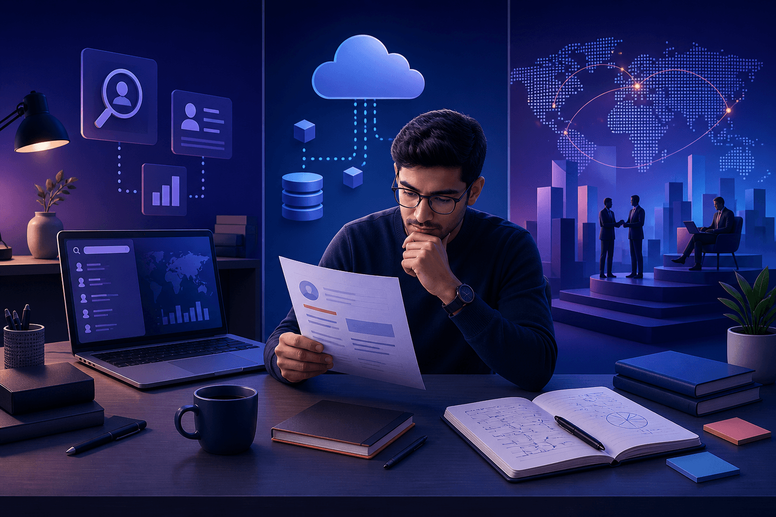 Editorial illustration of a job seeker preparing for Tata Consultancy Services hiring with resume documents, laptop, analytics charts, and interview notes on a dark blue and cyan desk.