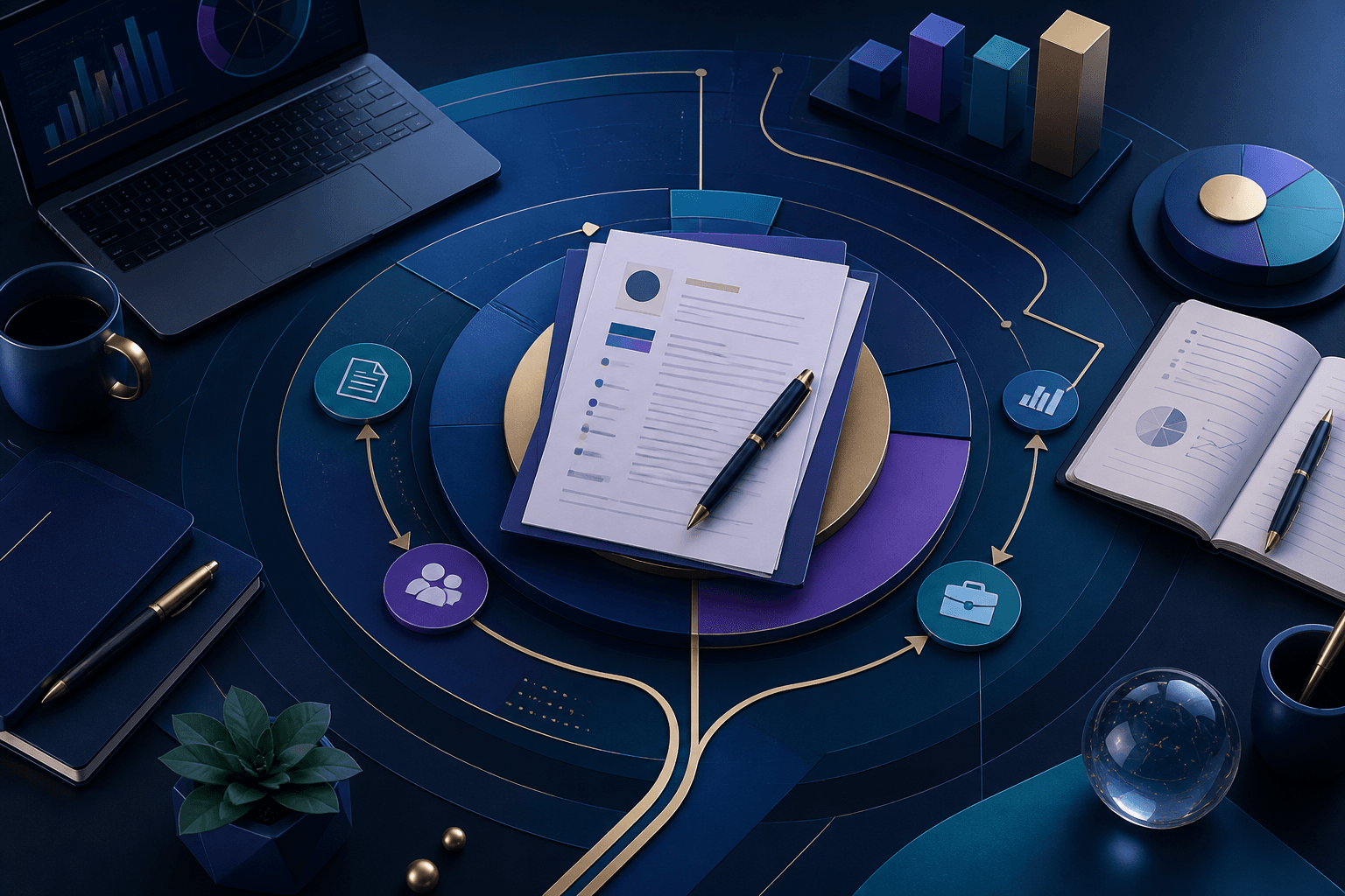 Editorial illustration for a guide on how to get a job at TD Bank, showing a modern finance workplace with abstract charts, a laptop, and hiring-path visuals.