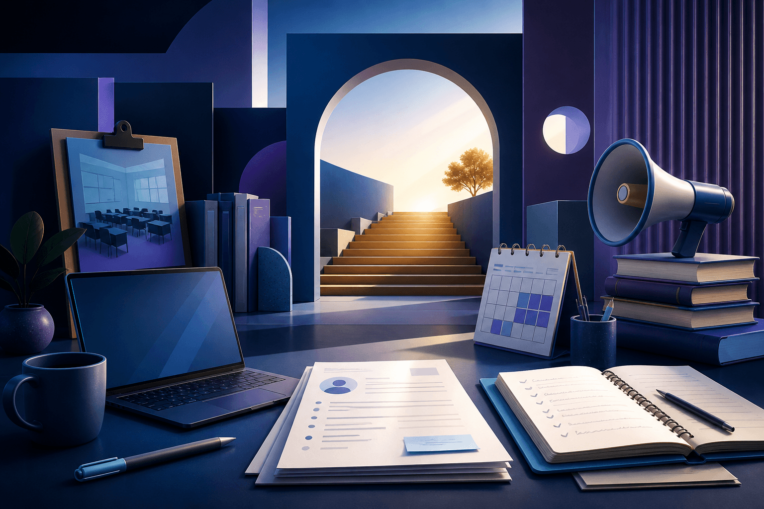 Modern editorial illustration for a guide on how to get a job at Teach For America, showing a candidate preparing application materials and interview notes in a stylized education-career setting.