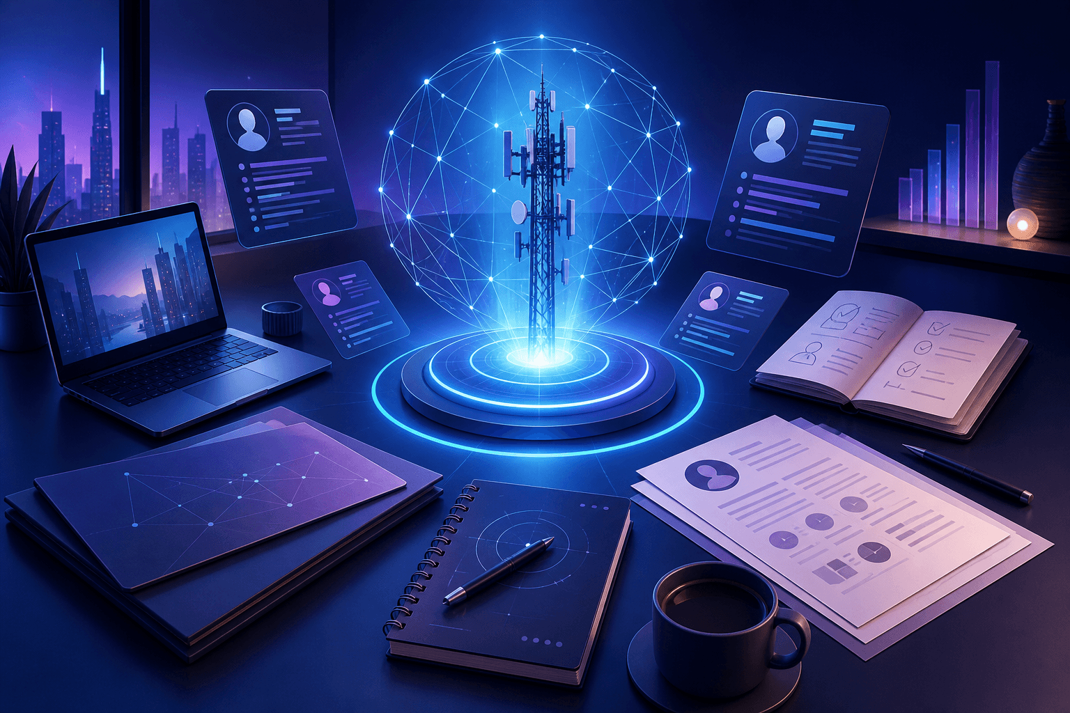 Editorial illustration for a guide on how to get a job at Telefonica, showing a modern telecommunications workplace with abstract network nodes, laptops, and interview preparation elements.
