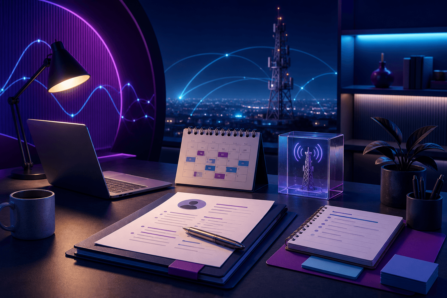 Editorial illustration for a guide on how to get a job at Telstra, showing a job seeker reviewing a resume, interview notes, and digital application elements in a dark blue and violet workplace scene.