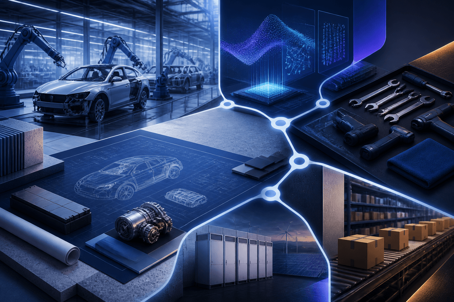 Editorial illustration for a Tesla hiring guide showing a modern EV factory, engineers, service tools, and abstract data visuals in a dark blue and violet style.