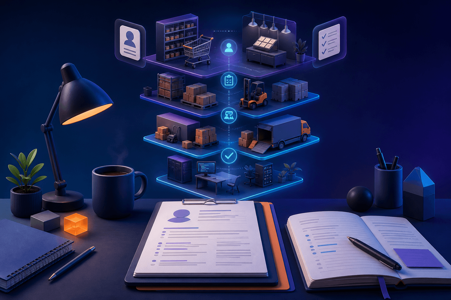 Editorial illustration of a job seeker preparing an application for retail, warehouse, and corporate hiring at The Home Depot, shown with modern workplace icons and a dark blue, violet, and cyan palette.