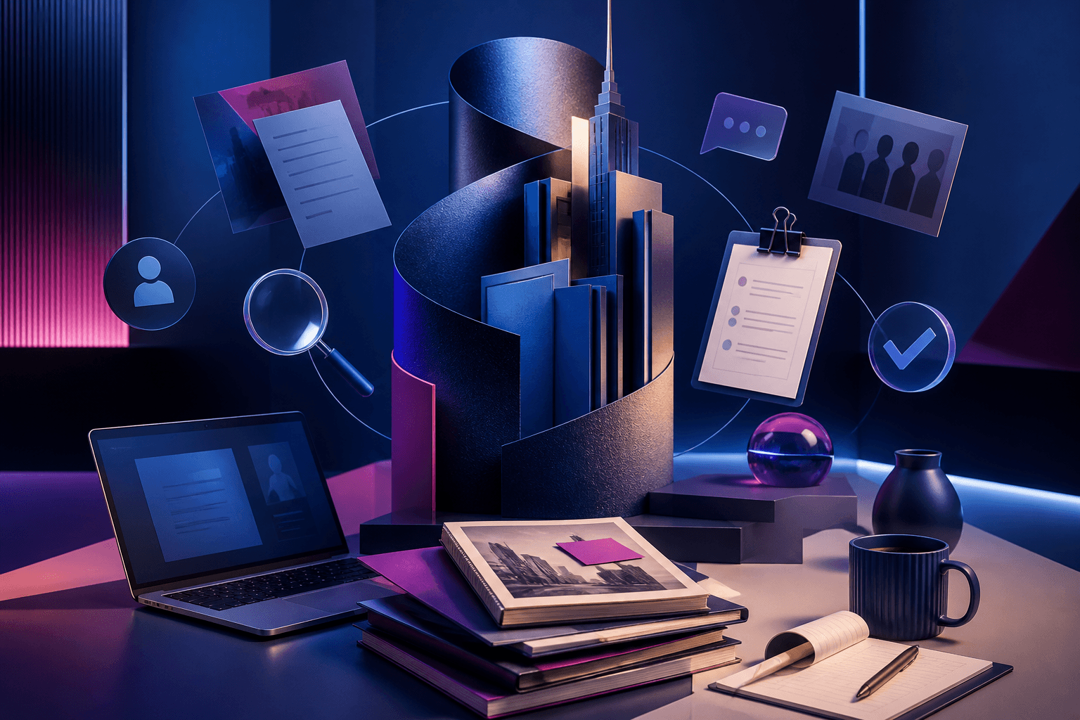 Editorial illustration for a hiring guide about getting a job at The New York Times Company, showing a newsroom-inspired workspace with abstract documents, interview notes, and digital hiring icons.