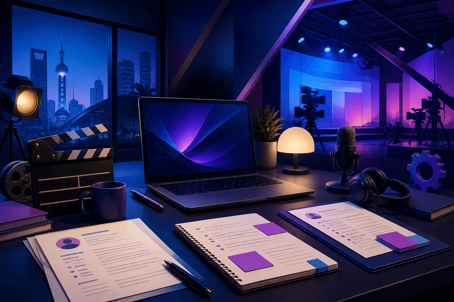 Editorial illustration for a guide on getting hired at The Walt Disney Company, showing a job search desk with resume pages, a laptop, interview notes, and creative and technical work objects in a dark blue and violet palette.