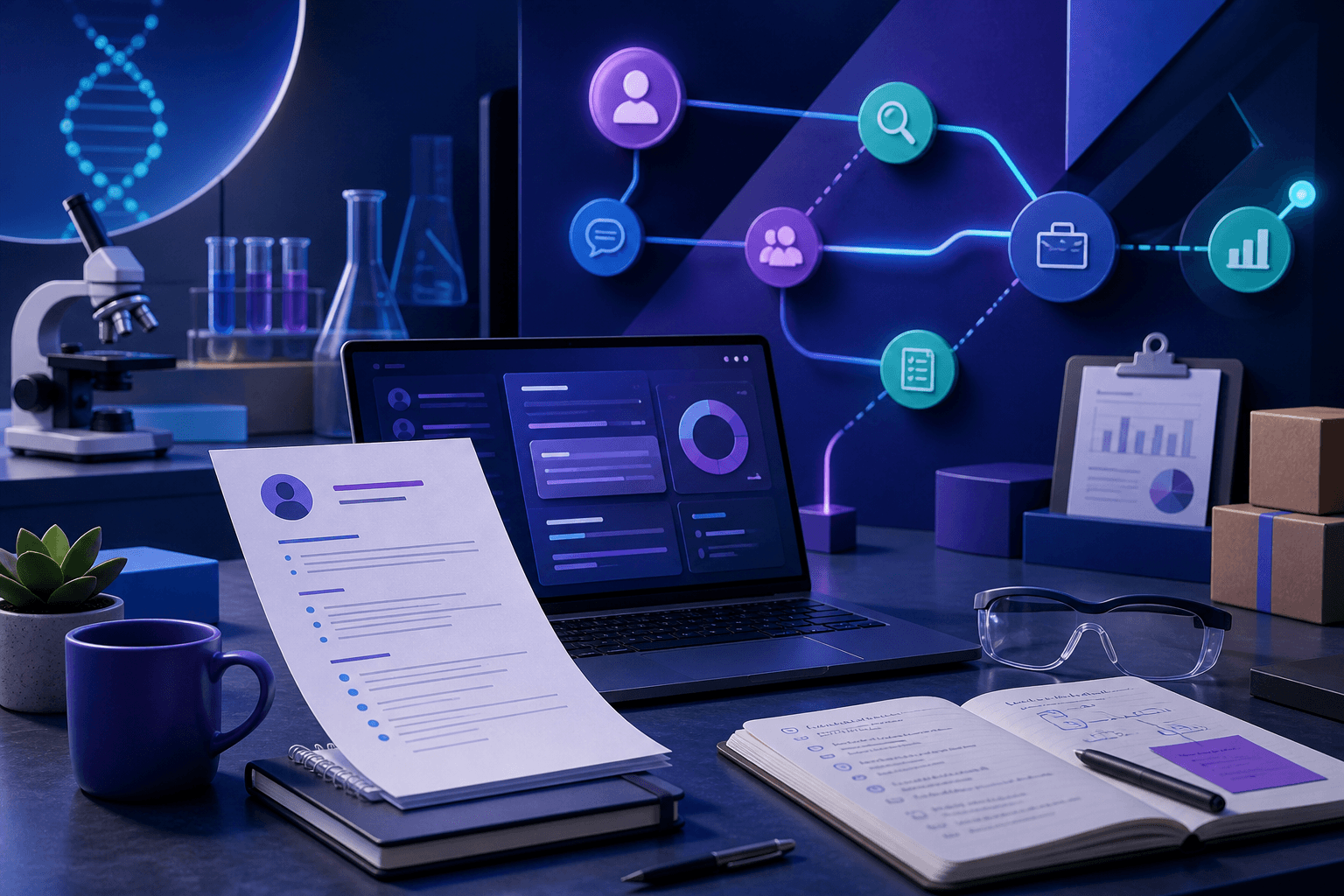 Editorial illustration for a guide on how to get a job at Thermo Fisher Scientific, showing a job seeker reviewing a resume and interview notes in a science and operations setting.