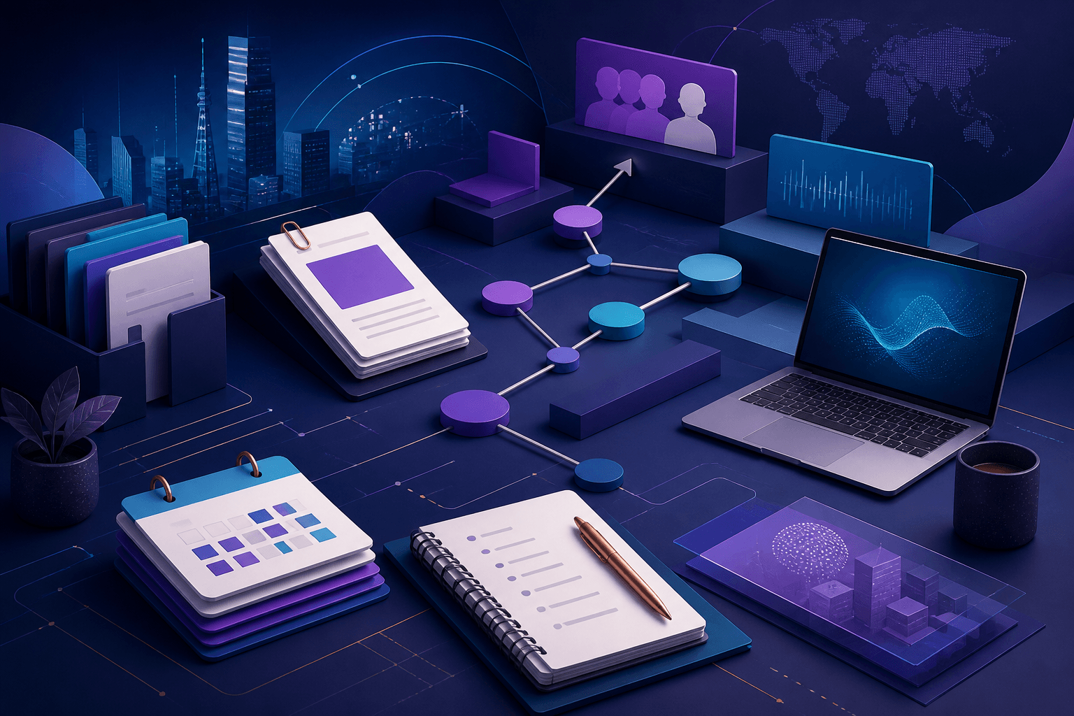 Editorial illustration for a guide on how to get a job at Thomson Reuters, showing a modern workplace scene with abstract documents, interview notes, and technology icons.