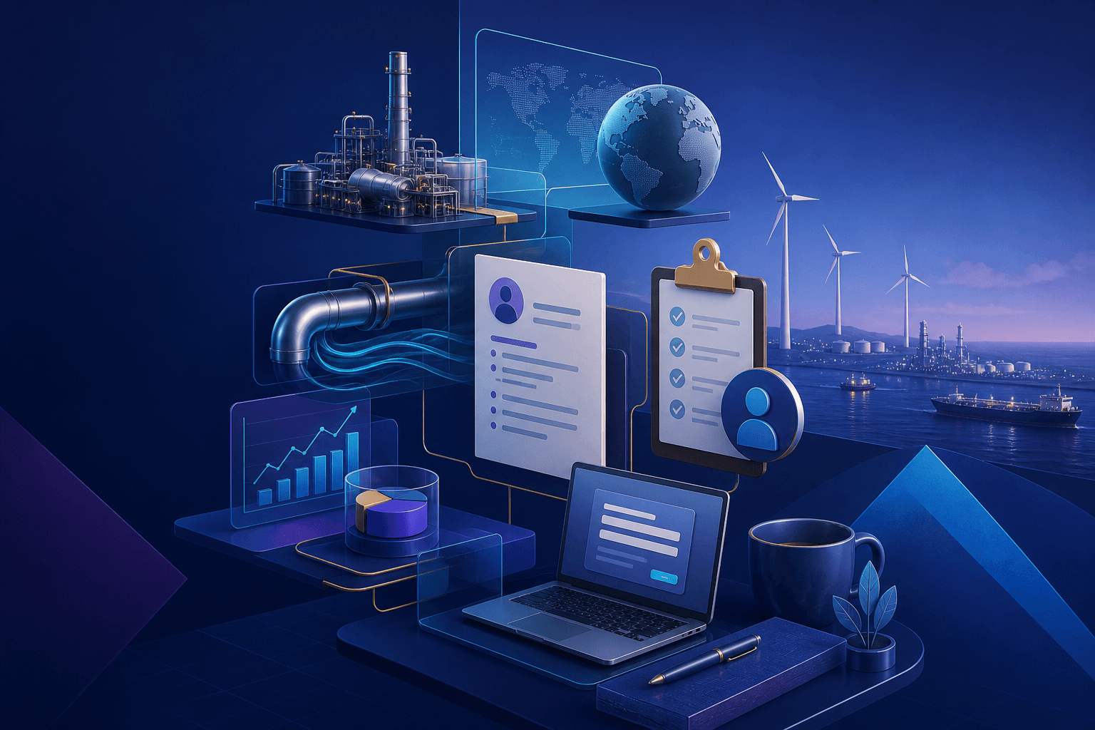 Editorial illustration for a guide on how to get a job at TotalEnergies, showing an energy workplace theme with abstract icons for engineering, operations, data, and hiring.