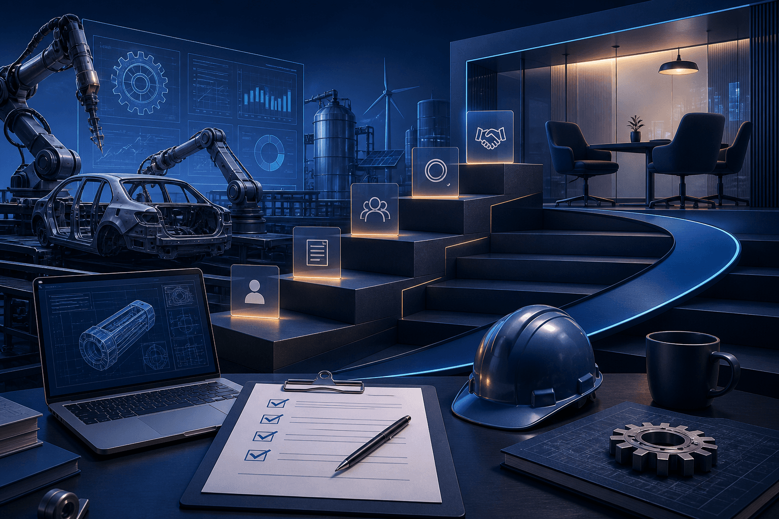 Editorial illustration for a guide on how to get a job at Toyota, showing a modern workplace theme with factory, technology, and hiring symbols.