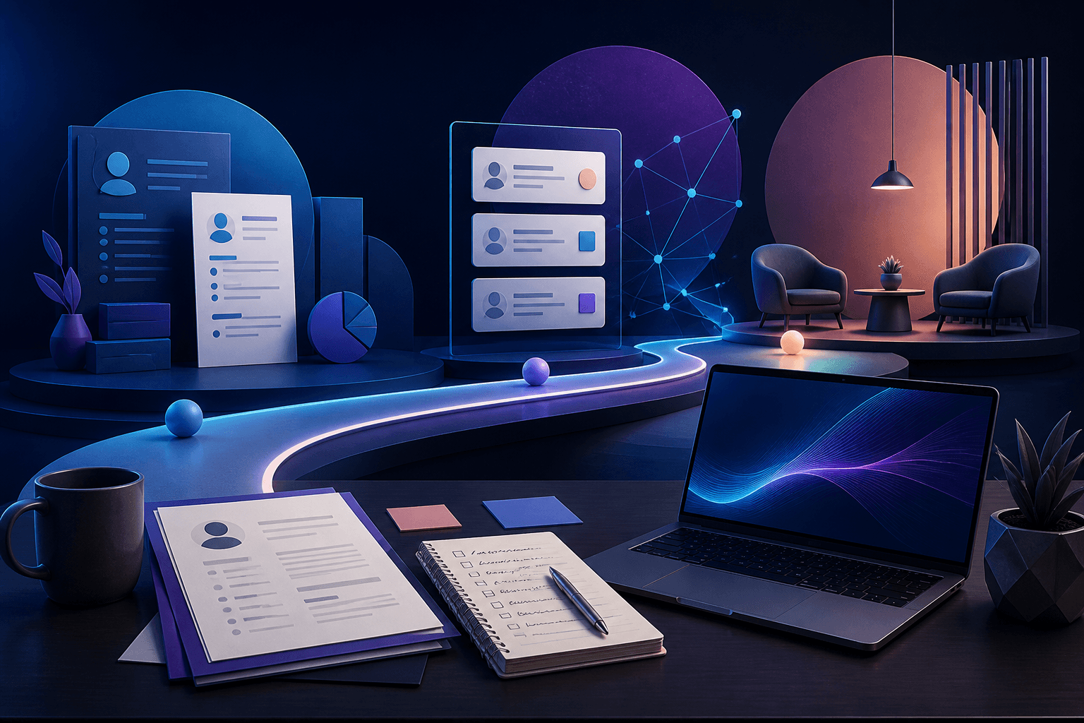 Editorial illustration for a guide on how to get a job at Twilio, showing a remote hiring workspace with resume pages, interview notes, and abstract collaboration graphics in dark blue and violet tones.