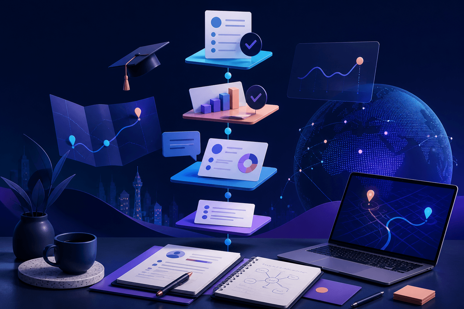 Editorial illustration of a job seeker preparing for an Uber application and interview process, with abstract dashboard shapes and workplace icons in dark blue, violet, and cyan.