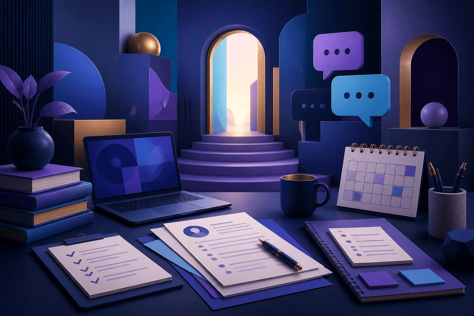 Editorial illustration for a guide on how to get a job at Udemy, showing a modern job-search workspace with resume pages, interview notes, abstract charts, and office-inspired objects.
