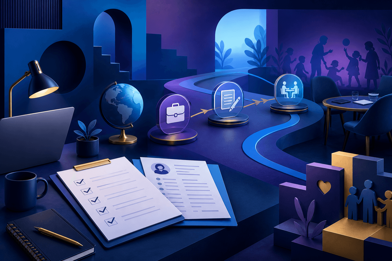 Editorial illustration for a guide on how to get a job at UNICEF, showing a diverse workplace desk with documents, checklist icons, and global nonprofit themes.