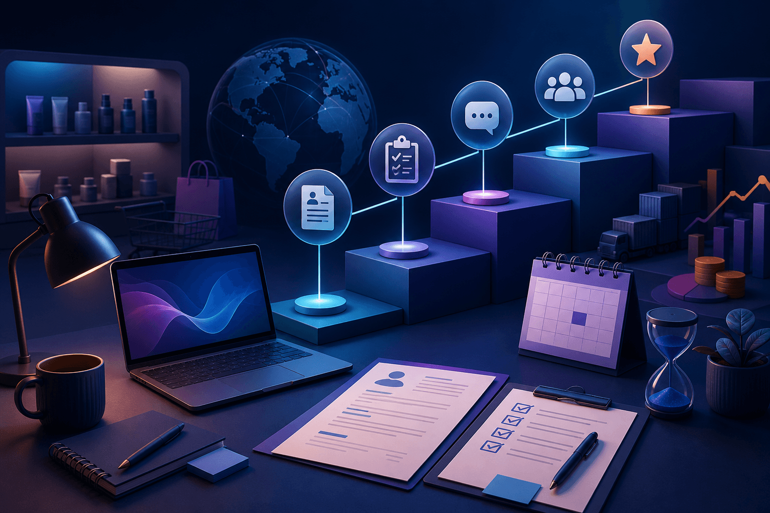 Modern editorial illustration for a guide about how to get a job at Unilever, showing workplace tools, documents, and abstract hiring flow shapes in a dark blue and violet palette.