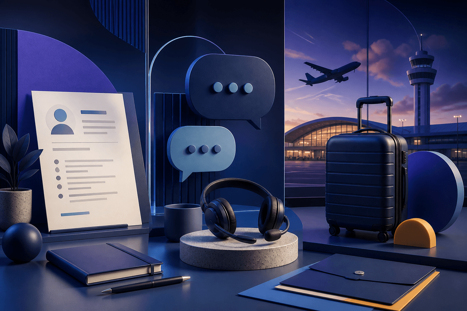 Editorial illustration for a guide about getting hired at United Airlines, showing airport, aircraft, interview, and resume themes in a dark blue and cyan visual style.