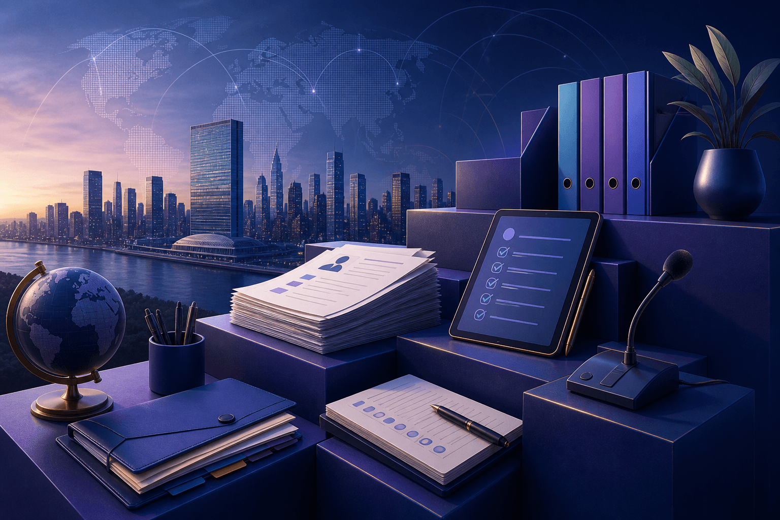 Editorial illustration for a guide on how to get a job at the United Nations, showing a global workplace, resume pages, interview notes, and abstract international career symbols.