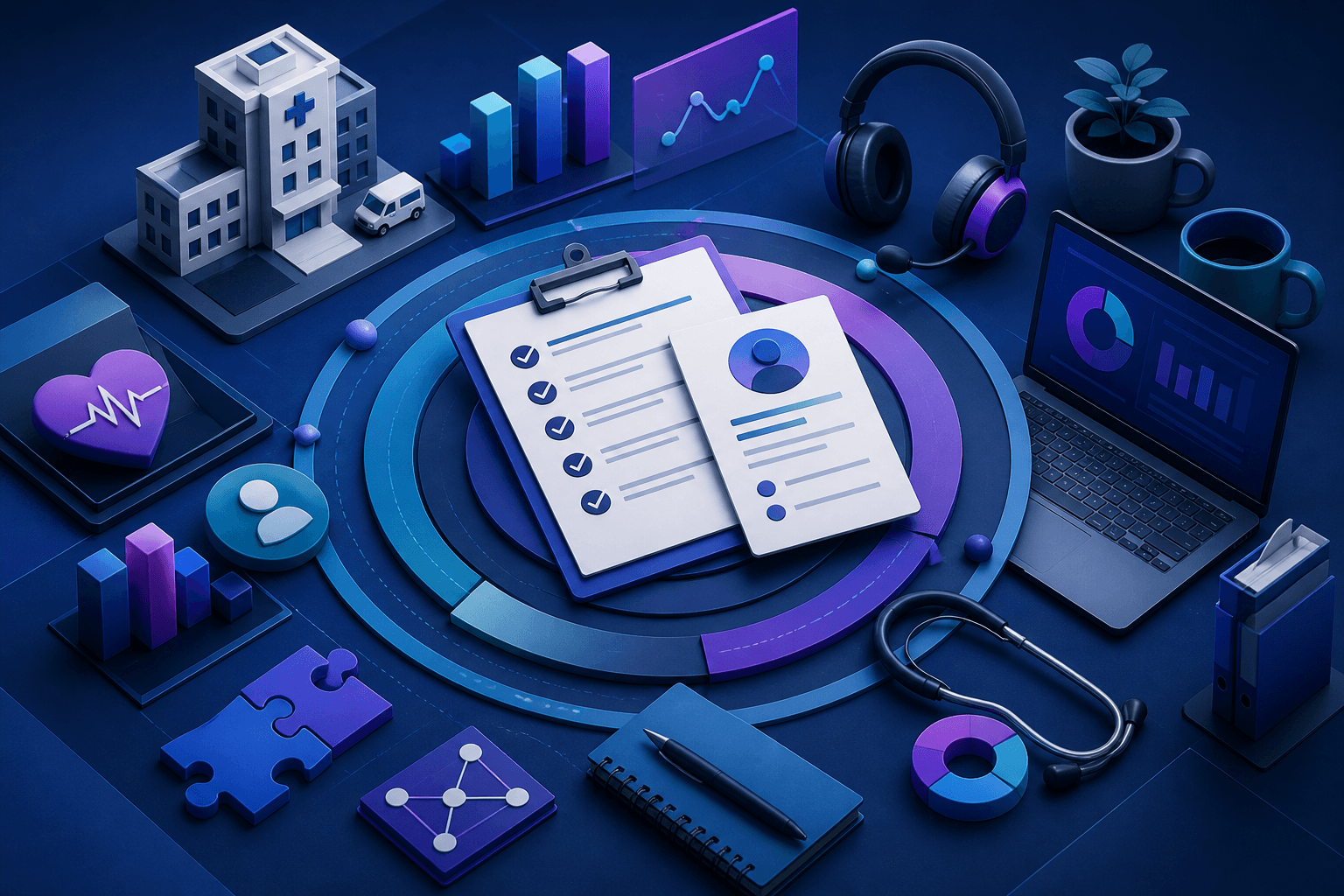 Editorial illustration for a guide on how to get a job at UnitedHealth Group, showing healthcare, analytics, and office work symbols in a dark blue and violet style.
