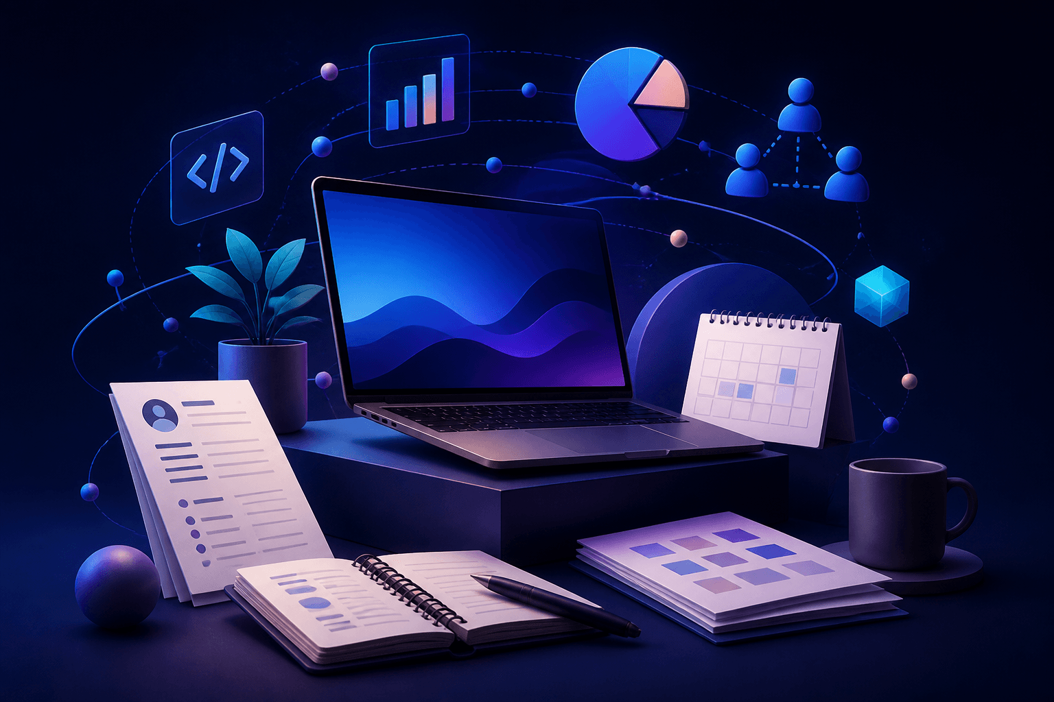 Modern editorial illustration for a job-search guide about Unity hiring, showing a candidate workspace, interview prep materials, and abstract technology shapes in dark blue, violet, and cyan.
