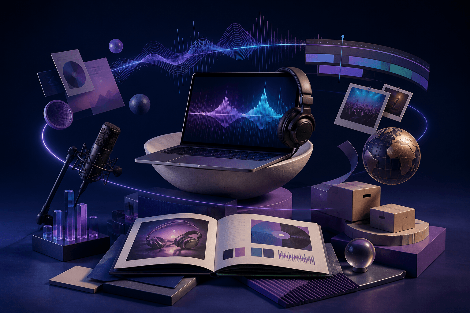 Editorial illustration for a guide on getting hired at Universal Music Group, showing a modern creative workplace with music and media career elements.