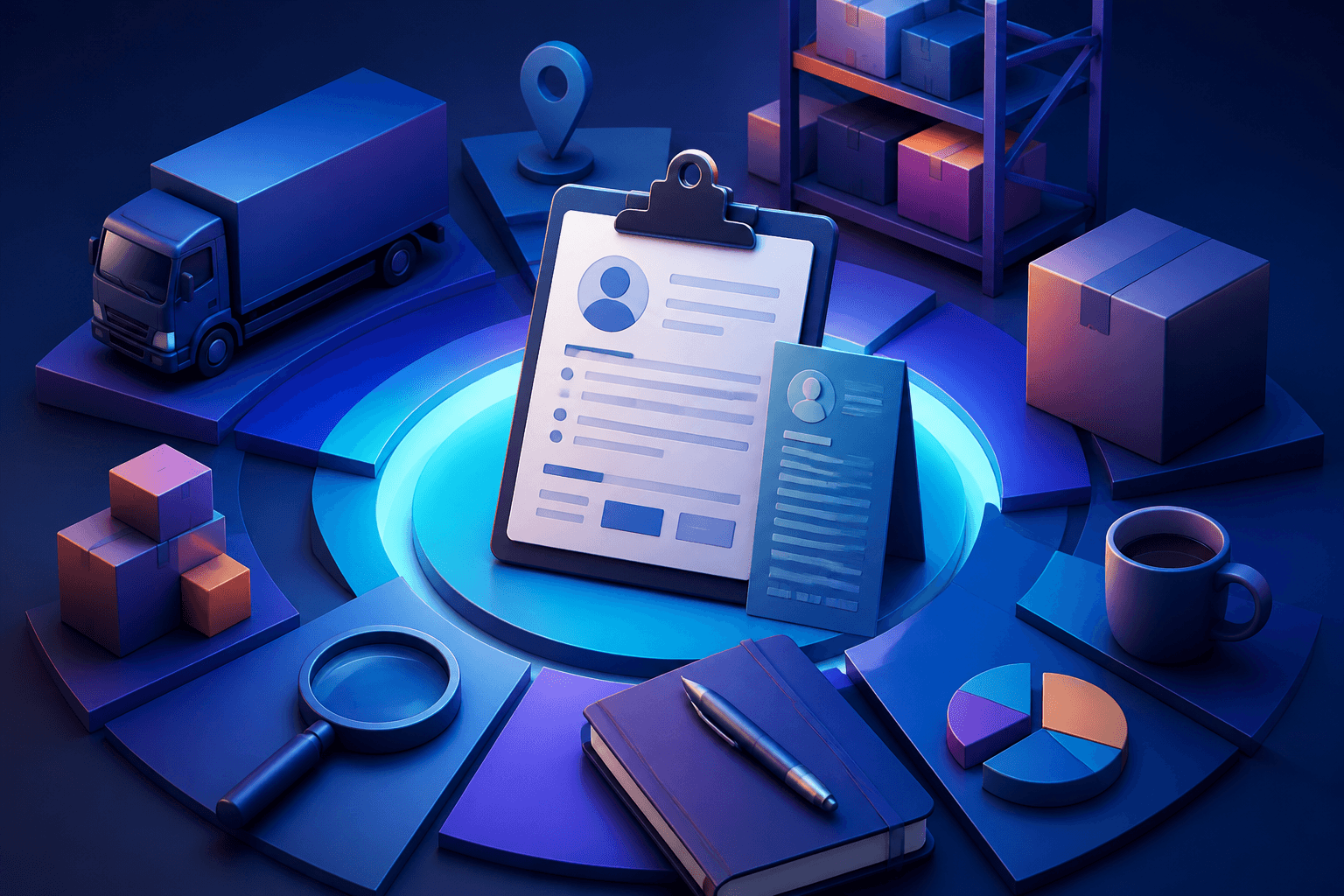 Editorial illustration for a guide on how to get a job at UPS, showing logistics, warehouse, and professional hiring concepts in a dark blue and violet style.