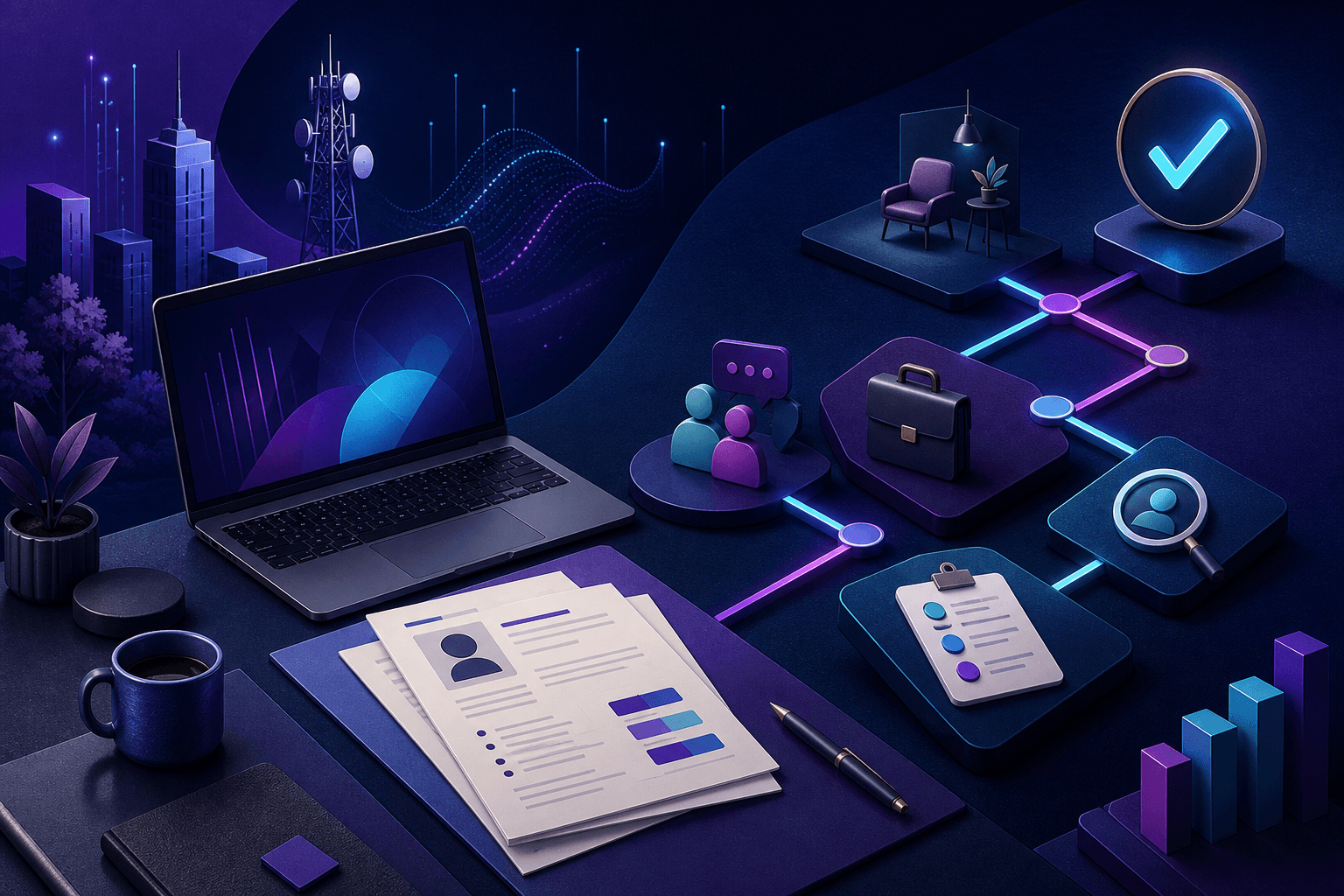Editorial illustration for a Verizon job application guide showing a job search workflow, interview notes, and workplace icons in a dark blue and violet theme.
