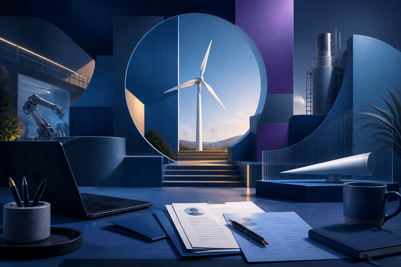 Editorial illustration for a guide on how to get a job at Vestas, showing a wind turbine, resume pages, interview notes, and abstract workplace shapes in a dark blue and cyan palette.