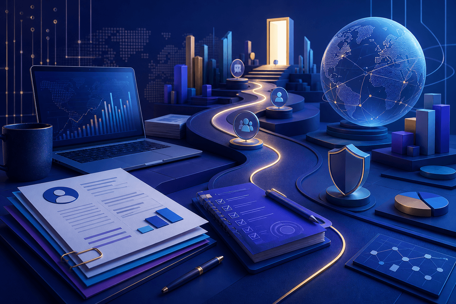 Editorial illustration for a guide on how to get a job at Visa, showing a modern workspace with resume pages, interview notes, charts, and global payment network motifs.