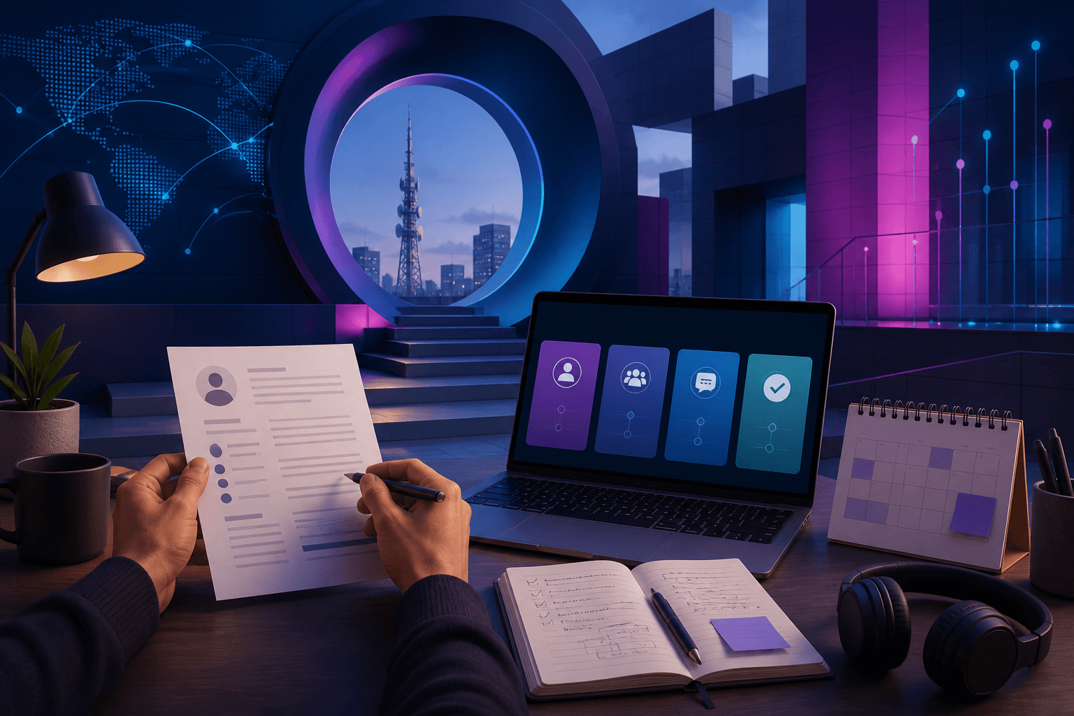 Editorial illustration for a guide on how to get a job at Vodafone, showing a job seeker reviewing a resume, interview notes, and a digital hiring funnel.