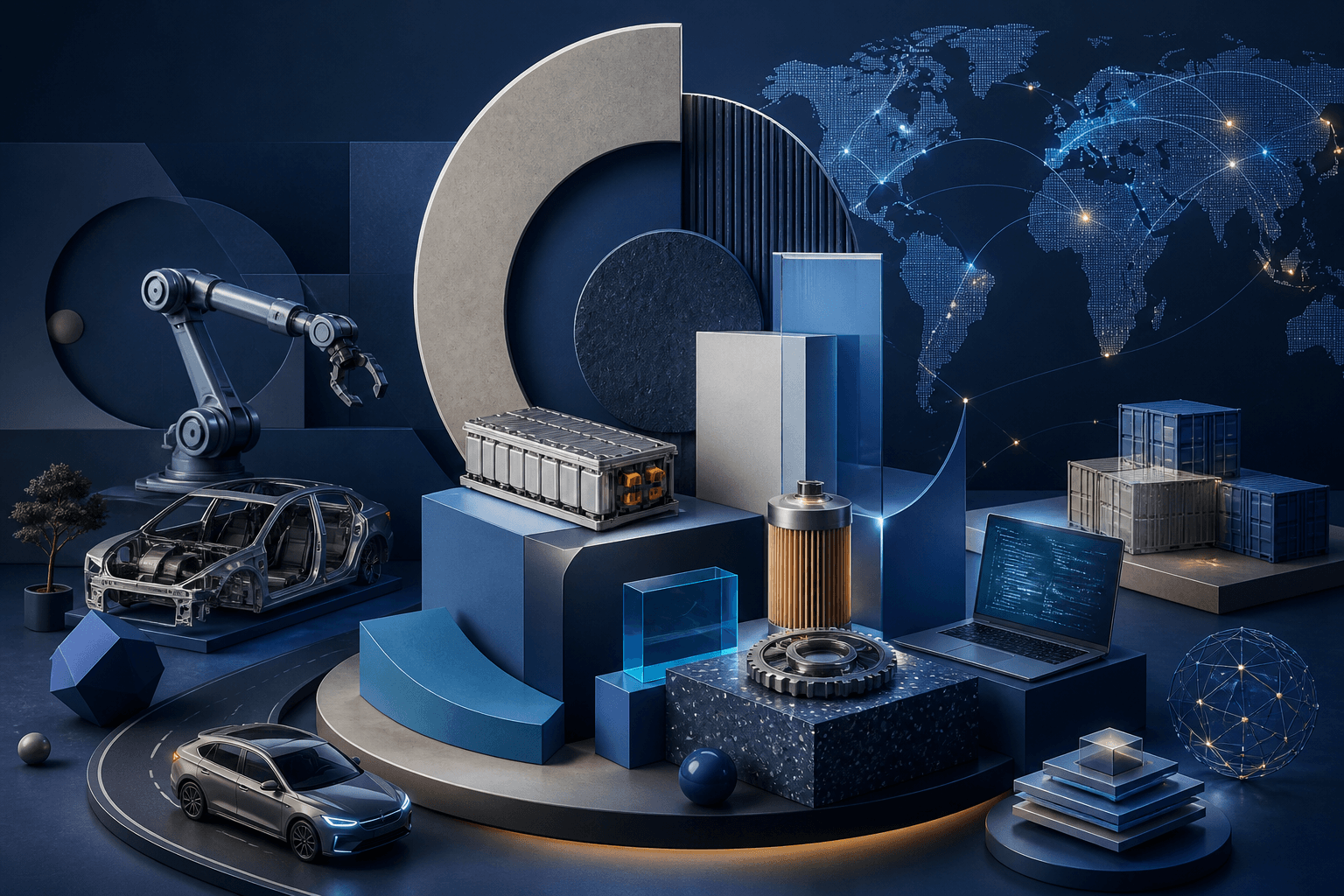 Editorial illustration for a guide on how to get a job at Volkswagen Group, showing an automotive manufacturing and technology workspace with abstract hiring elements.