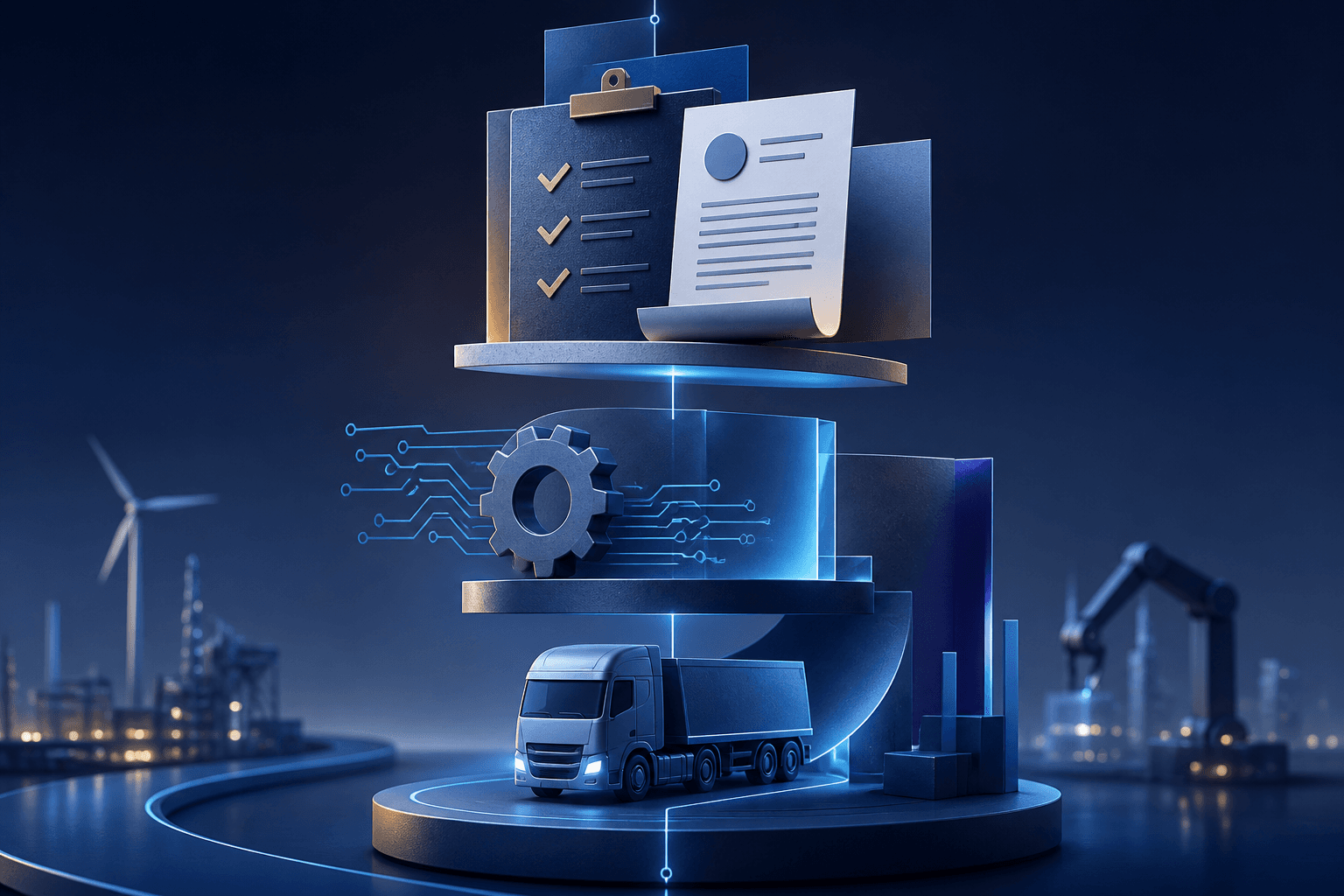 Editorial illustration for a Volvo Group hiring guide with abstract factory, engineering, and digital hiring motifs in a dark blue and cyan palette.