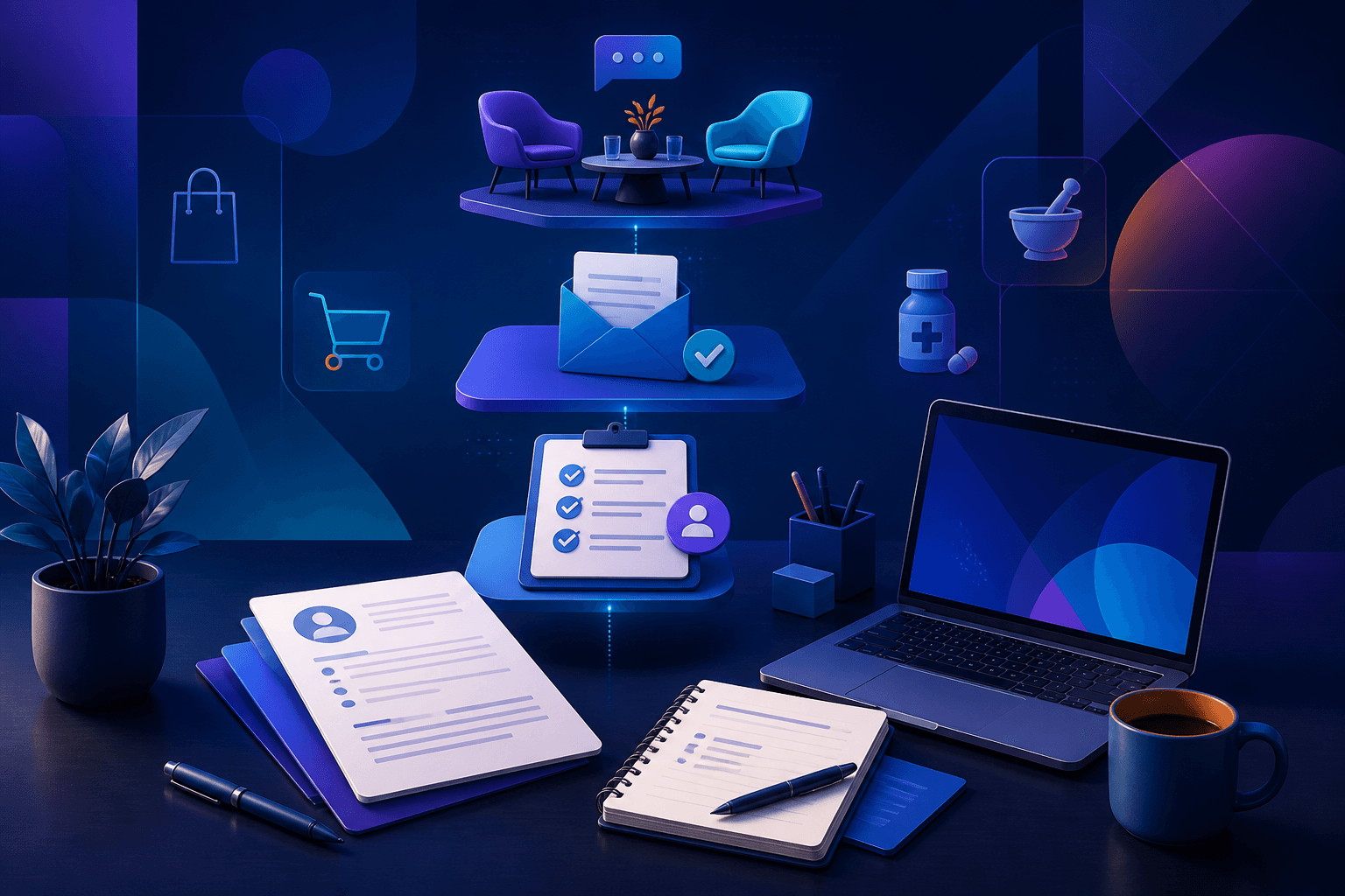 Editorial illustration for a guide on how to get a job at Walgreens Boots Alliance, showing a job seeker workspace with resume pages, interview notes, and retail and pharmacy symbols in a dark blue and violet theme.
