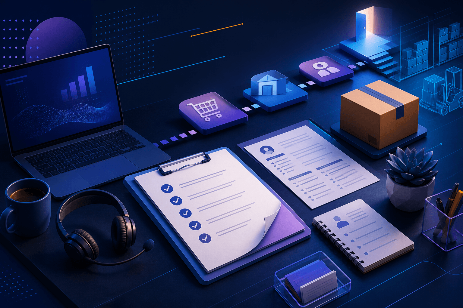 Editorial illustration for a guide on how to get a job at Walmart, showing a job application checklist, interview notes, and retail and technology work symbols.