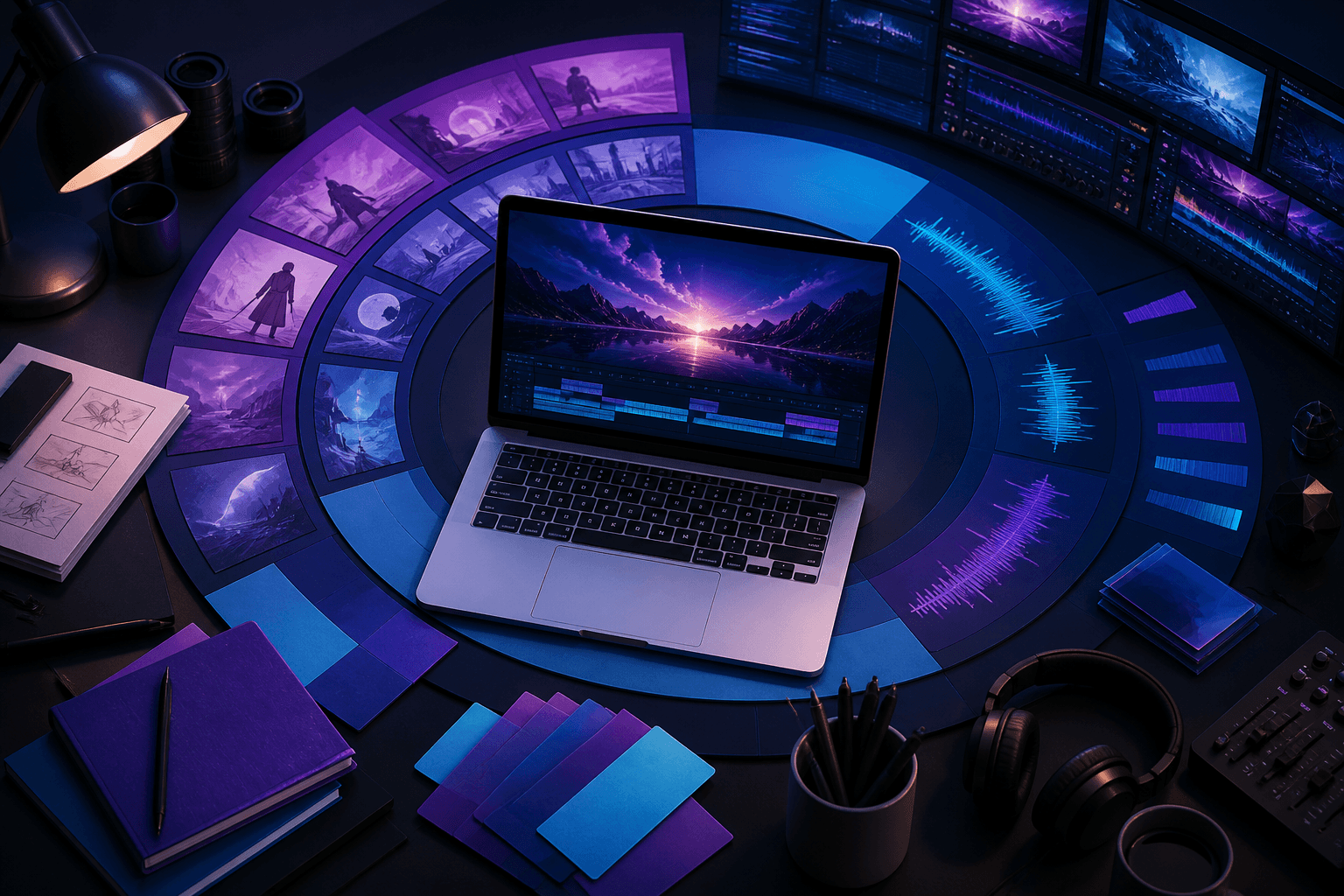 Editorial illustration for a Warner Bros. Discovery job-search guide, showing a modern media workplace with laptop, storyboard, data charts, and broadcast elements in a dark blue and cyan palette.