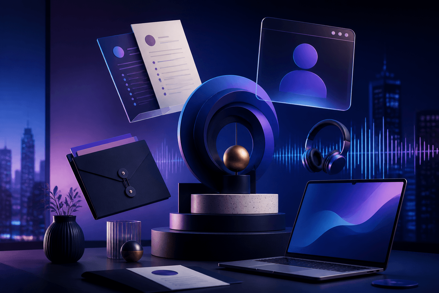 Editorial illustration for a guide on how to get a job at Warner Music Group, showing a modern music-industry workplace with abstract application and interview elements.