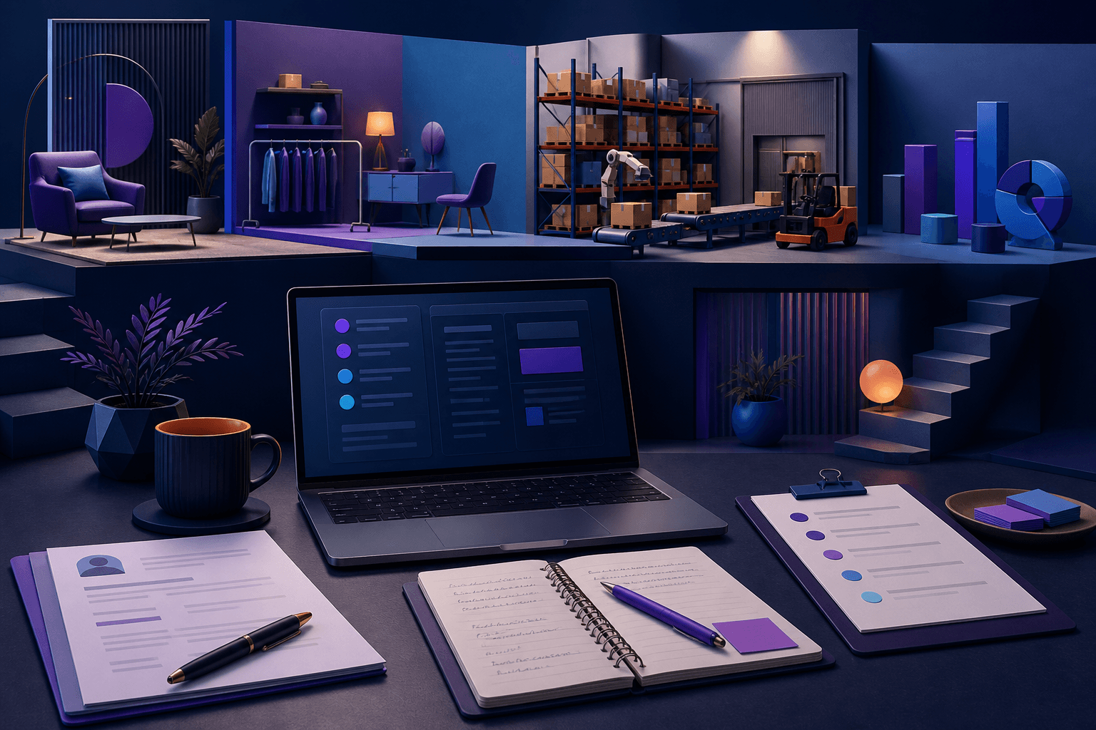 Editorial illustration for a guide on how to get a job at Wayfair, showing a modern job search workspace with resume pages, interview notes, a laptop, and warehouse, retail, and analytics elements.