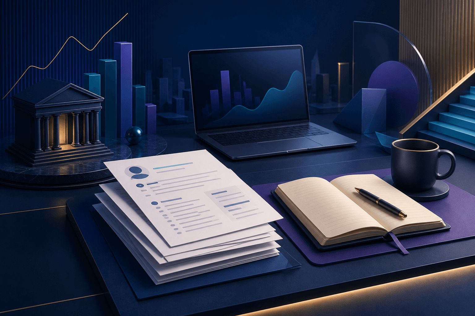 Editorial hiring guide illustration for a finance employer, showing resume pages, interview notes, and abstract banking visuals in a dark blue and violet color palette.