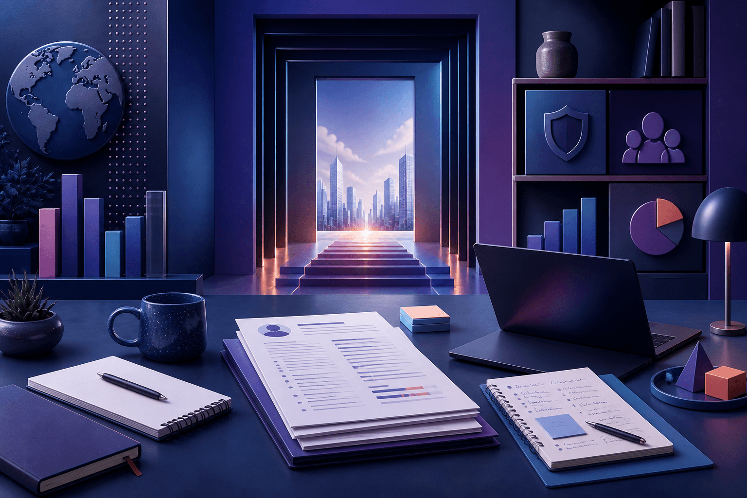 Editorial illustration of a job seeker preparing for a Willis Towers Watson application with resume pages, interview notes, analytics charts, and abstract office icons on a dark blue and violet background.