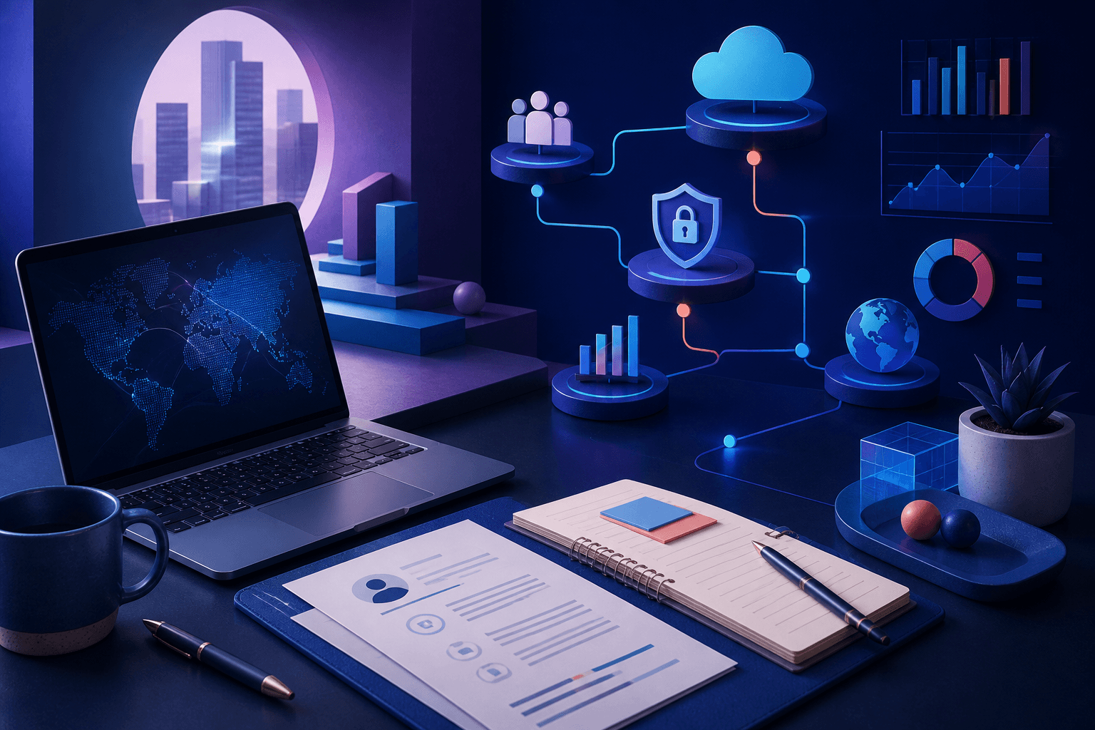 Editorial illustration for a guide on how to get a job at Wipro, showing a modern job-search workspace with abstract documents, a laptop, interview notes, and global consulting themes.