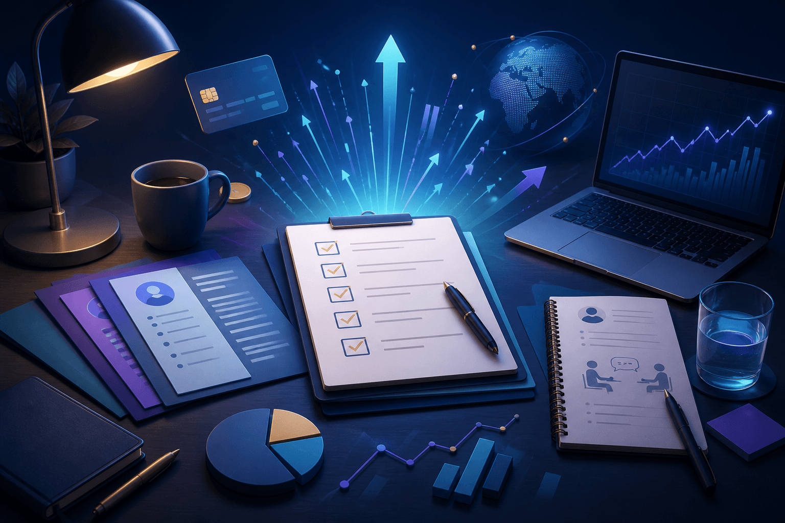 Editorial illustration of a job seeker reviewing a fintech hiring checklist beside abstract charts, laptop, and interview notes for a Wise careers guide.