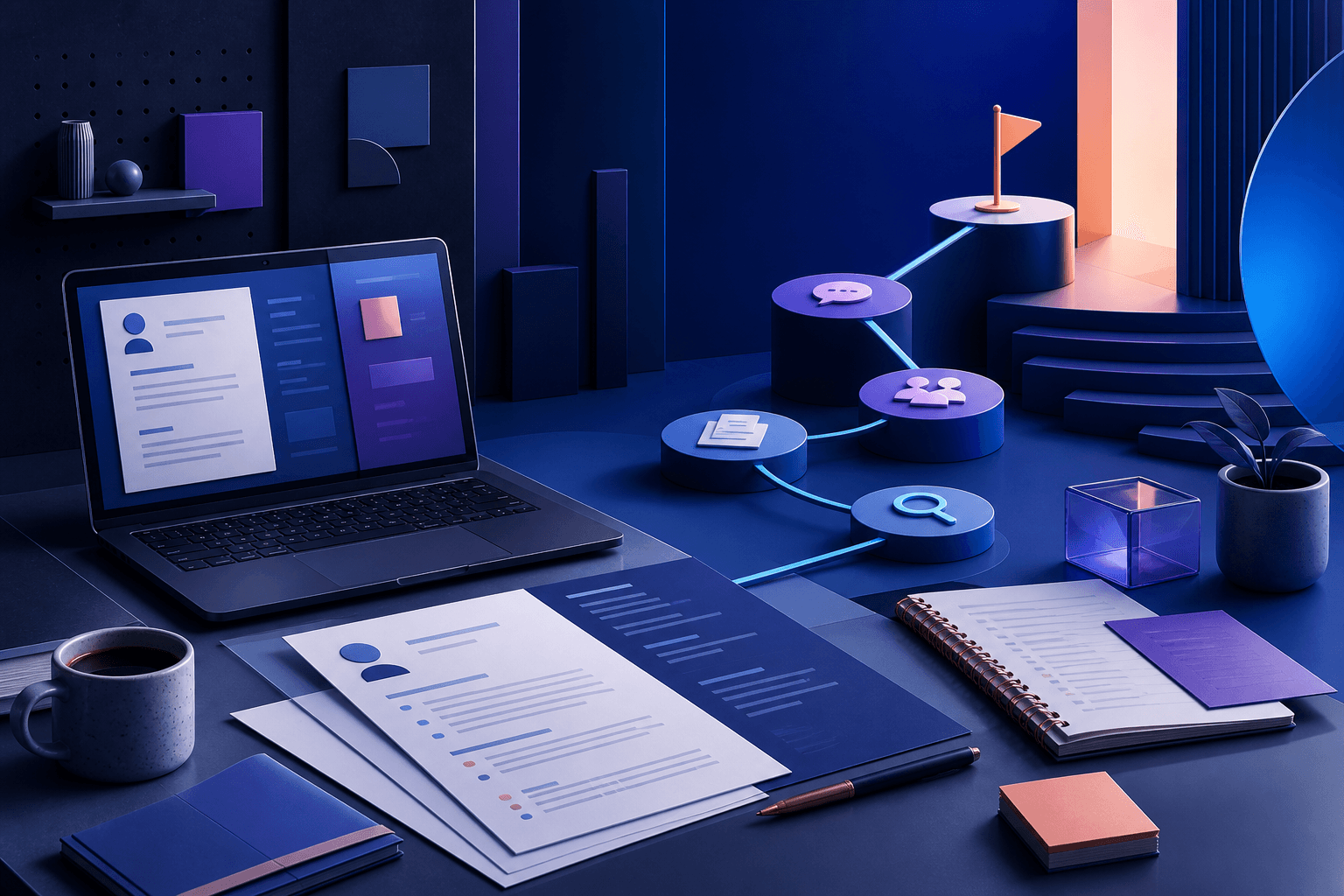Editorial illustration for a guide on how to get a job at Workday, showing a modern job search desk with resume pages, interview notes, and abstract workplace shapes in dark blue, violet, and cyan.