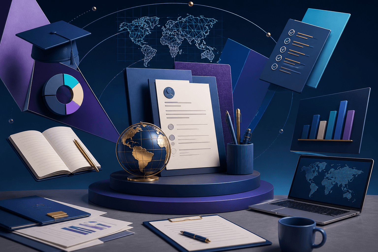 Editorial illustration for a guide on how to get a job at World Bank Group, showing a global office scene with documents, charts, and interview preparation elements.