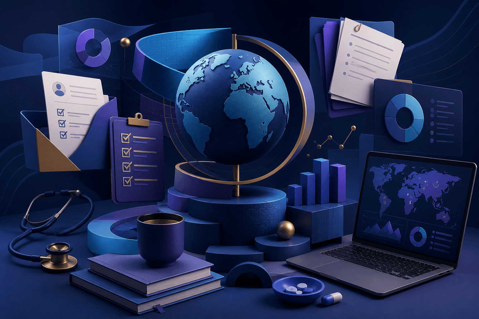 Editorial illustration for a guide on how to get a job at the World Health Organization, showing a global health workspace with maps, documents, and data visuals.